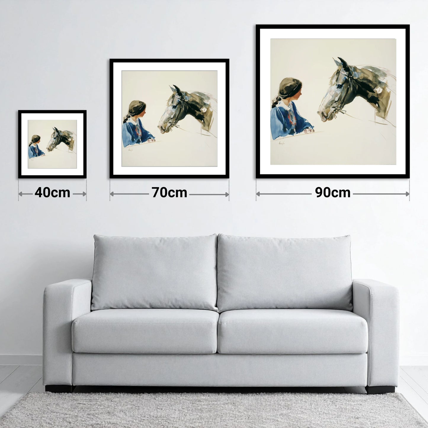 A Shared Silence - size guide showing 40cm, 70cm and 90cm art prints