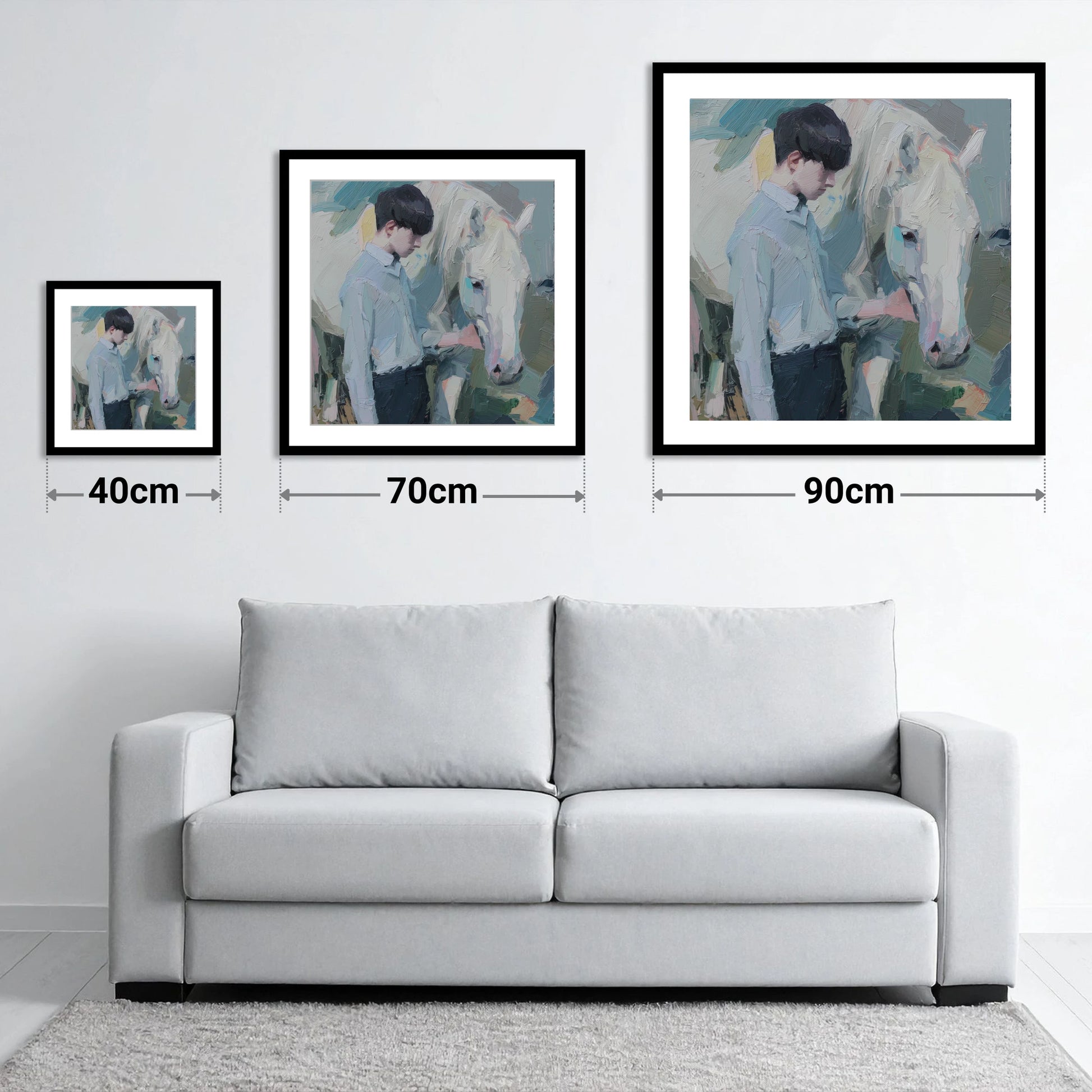 The Quiet Bond - size guide showing 40cm, 70cm and 90cm art prints