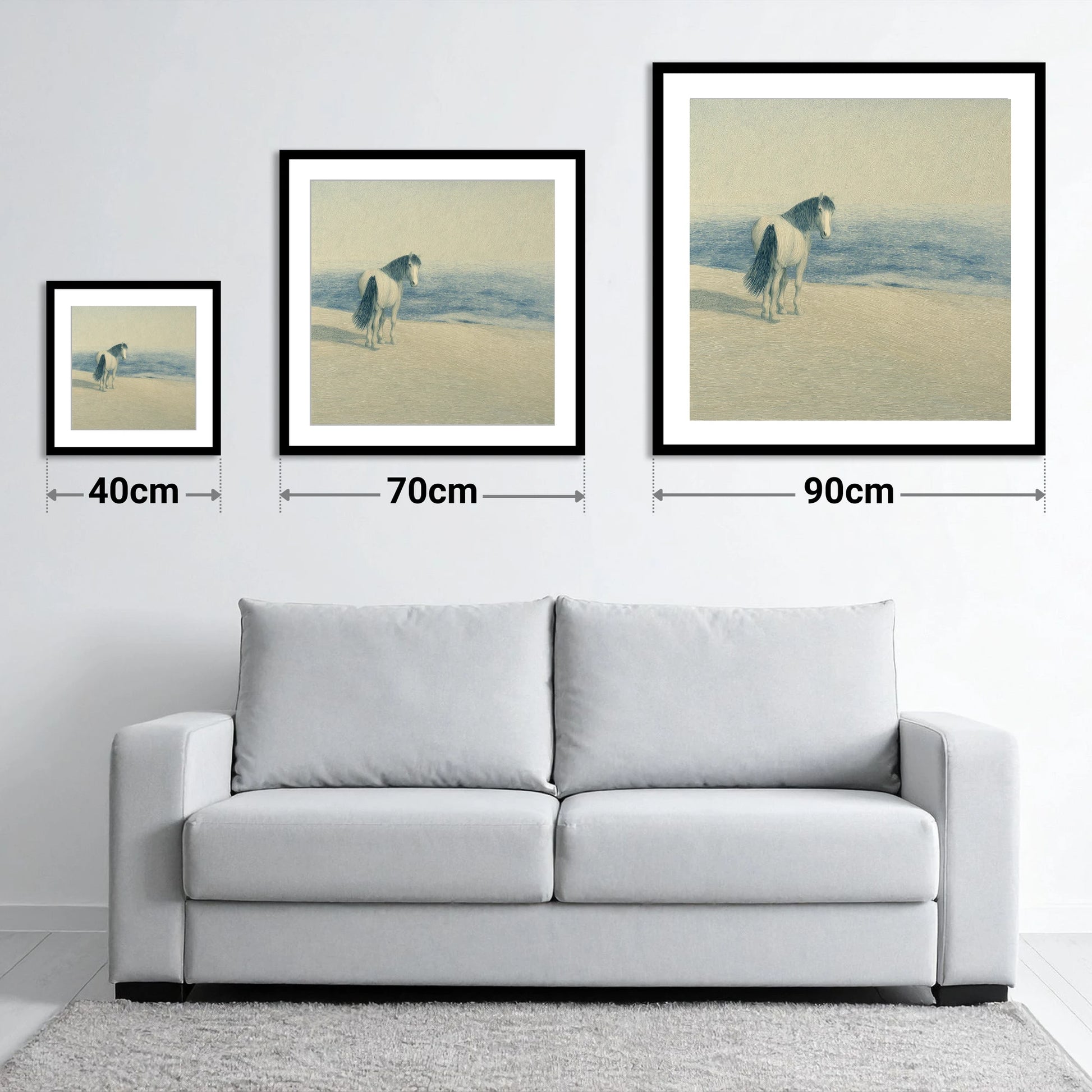 The Shoreline Gaze - size guide showing 40cm, 70cm and 90cm art prints