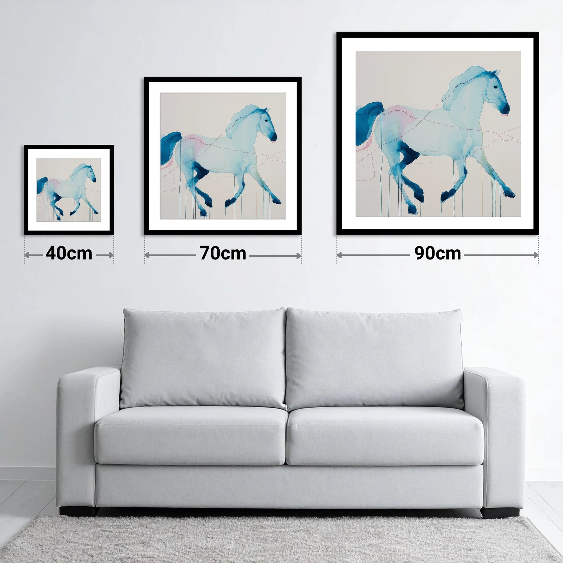Fluidity in Azure - size guide showing 40cm, 70cm and 90cm art prints