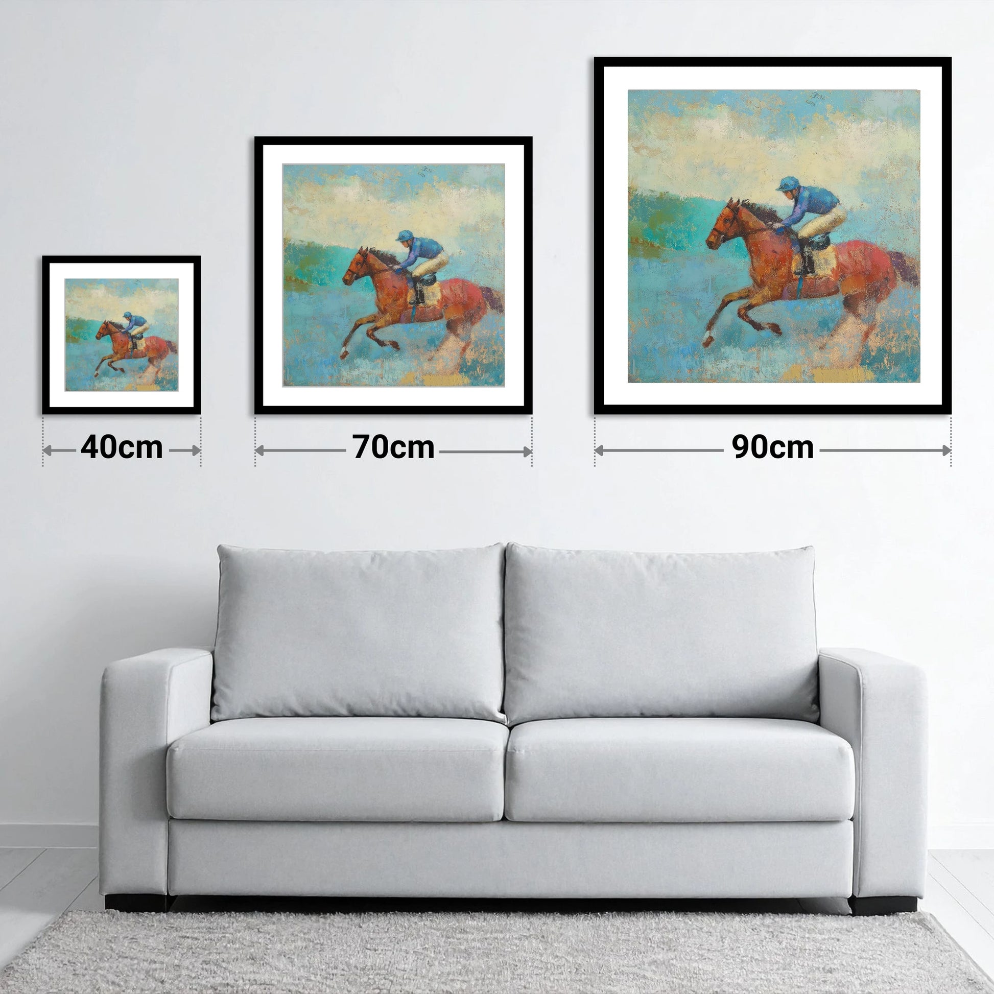 Flight in Turquoise - size guide showing 40cm, 70cm and 90cm art prints