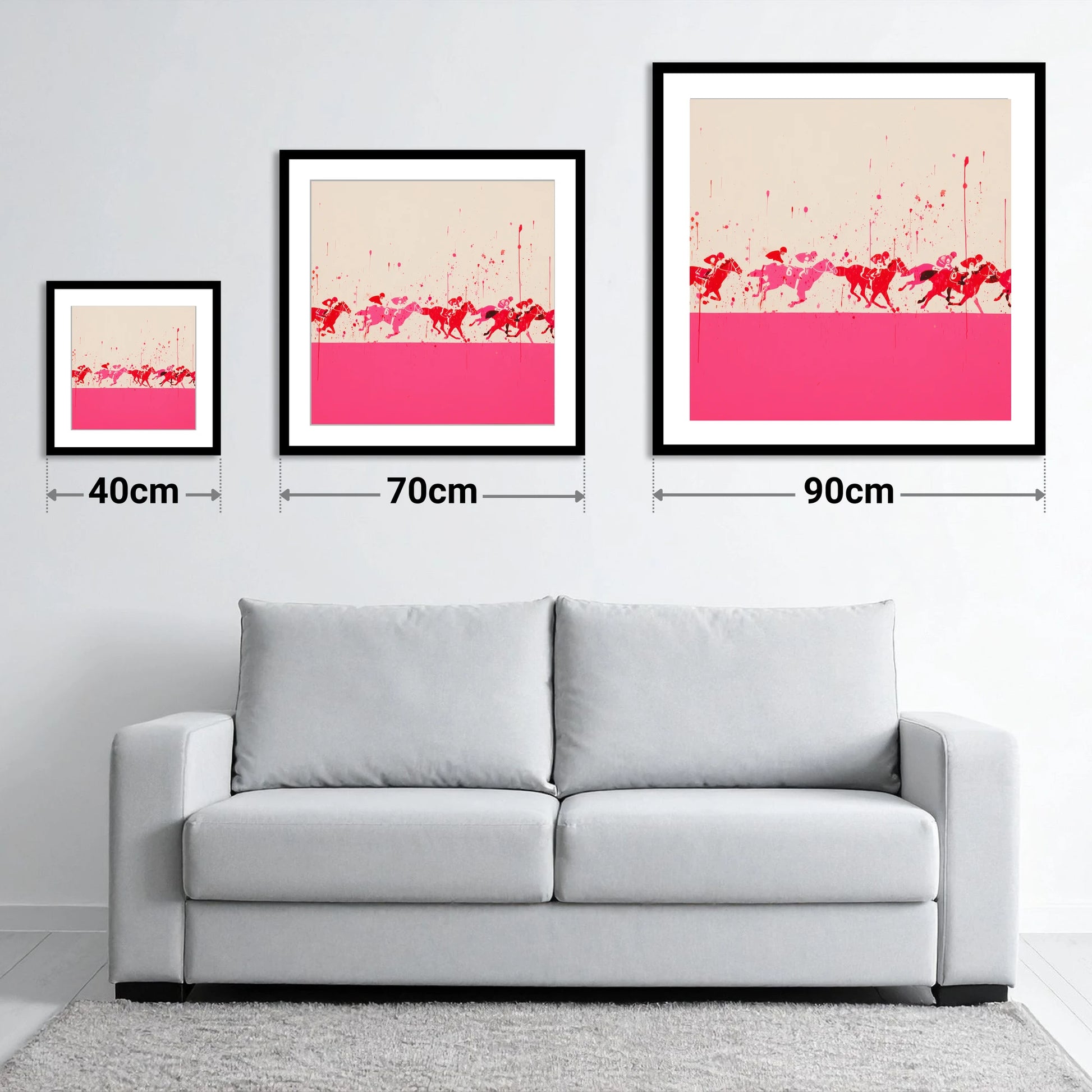 Crimson Surge - size guide showing 40cm, 70cm and 90cm art prints