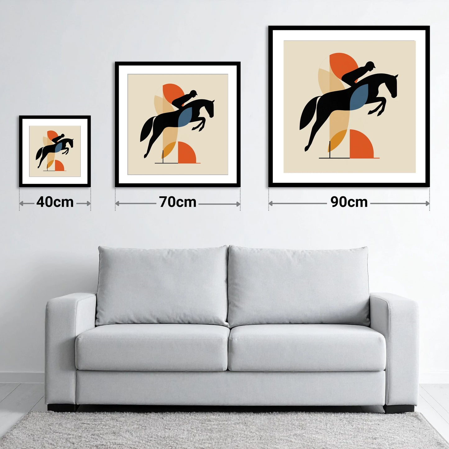The Geometric Leap - size guide showing 40cm, 70cm and 90cm art prints