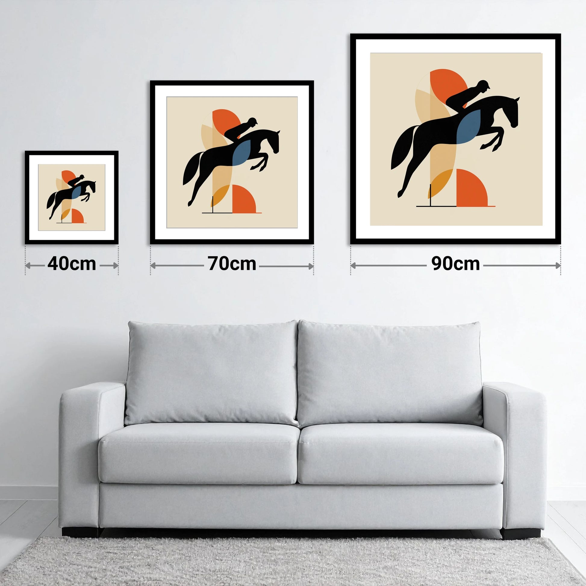The Geometric Leap - size guide showing 40cm, 70cm and 90cm art prints