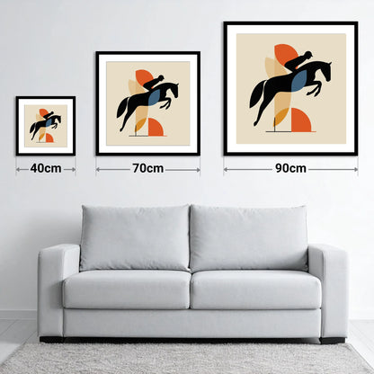 The Geometric Leap - size guide showing 40cm, 70cm and 90cm art prints