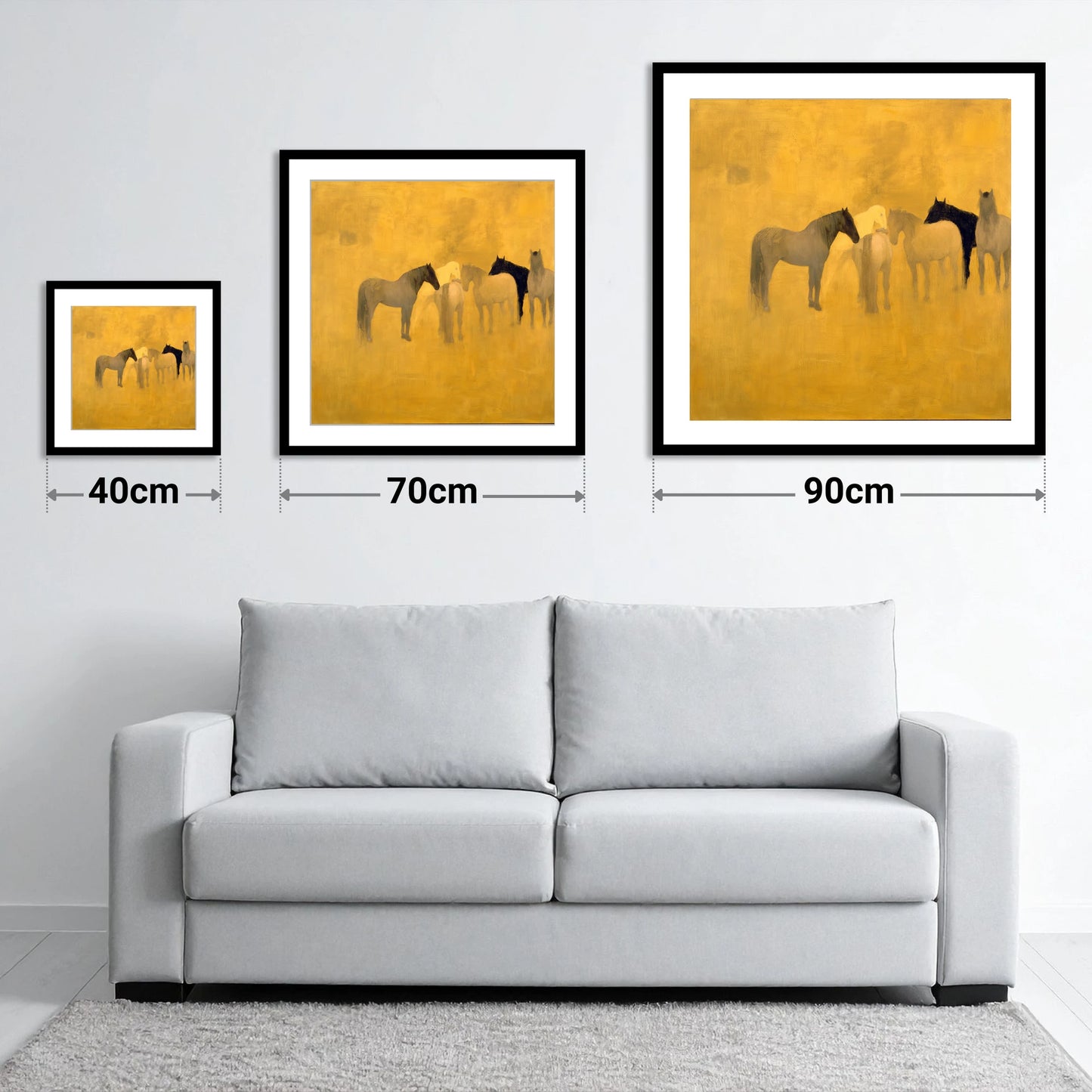 Sunlit Gathering - size guide showing 40cm, 70cm and 90cm art prints