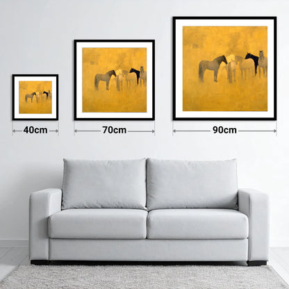 Sunlit Gathering - size guide showing 40cm, 70cm and 90cm art prints