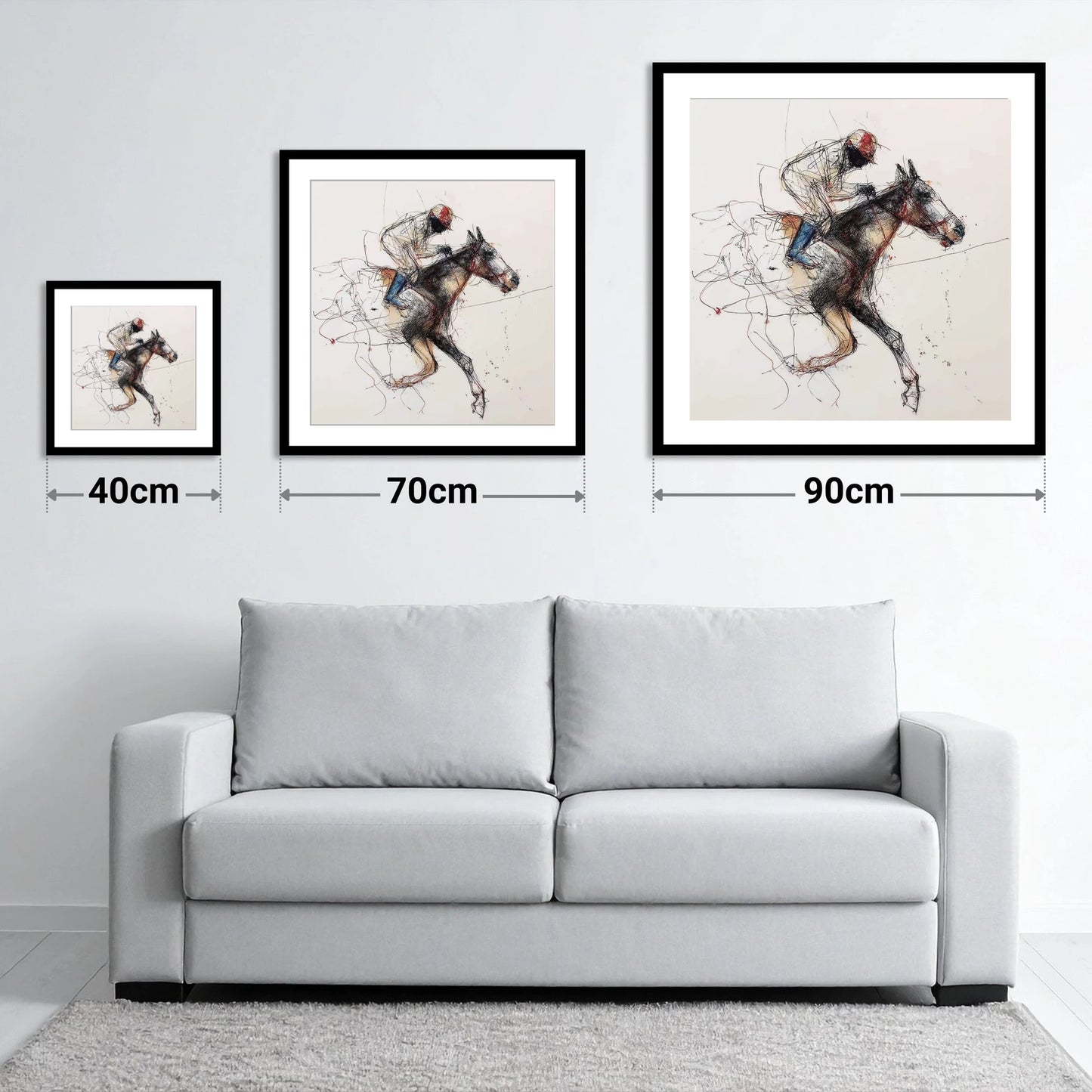 The Final Furlong - size guide showing 40cm, 70cm and 90cm art prints