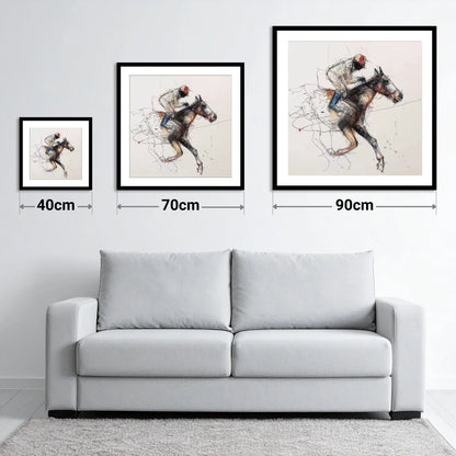 The Final Furlong - size guide showing 40cm, 70cm and 90cm art prints