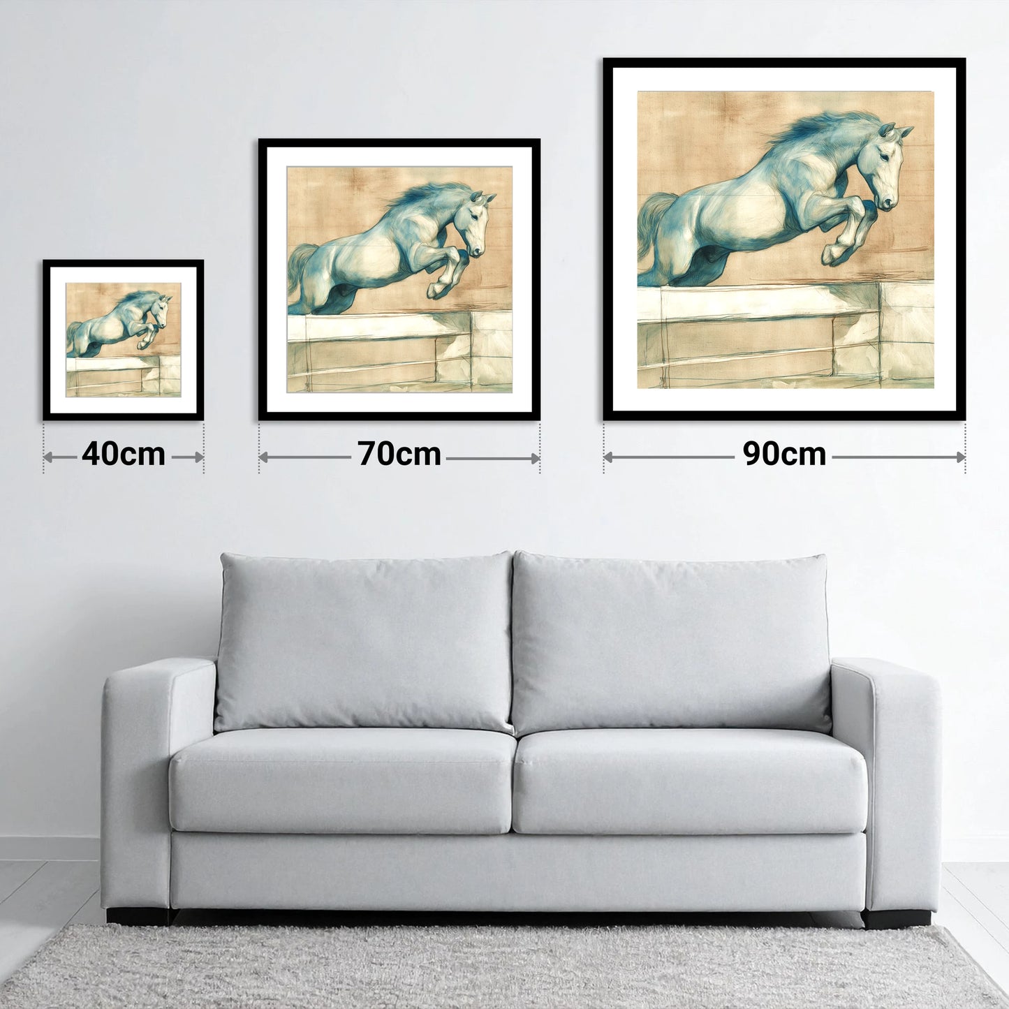 Airborne Grace - size guide showing 40cm, 70cm and 90cm art prints