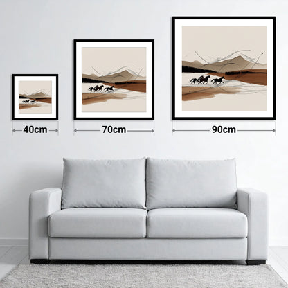 Sepia Horizon Herd - size guide showing 40cm, 70cm and 90cm art prints