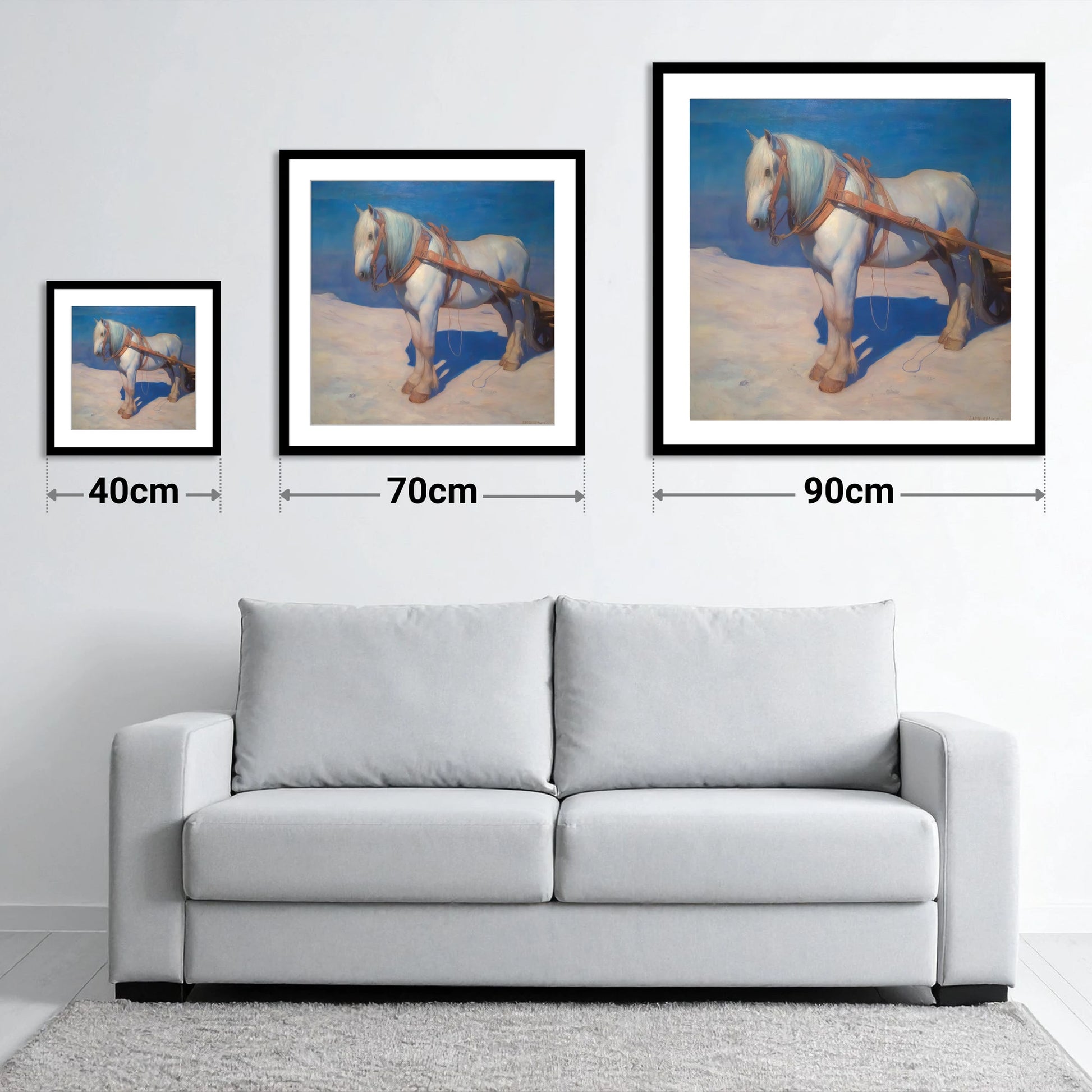 The Patient Grey - size guide showing 40cm, 70cm and 90cm art prints