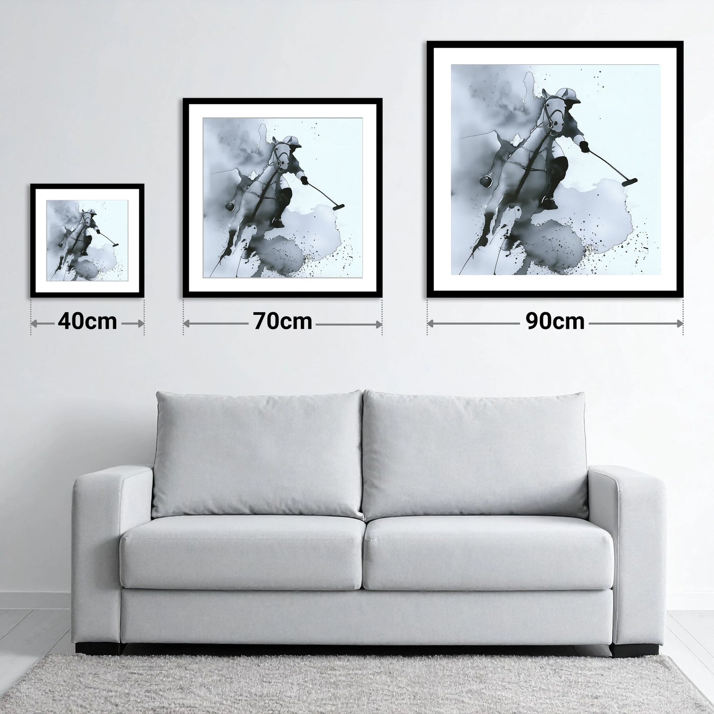The Striker's Charge - size guide showing 40cm, 70cm and 90cm art prints