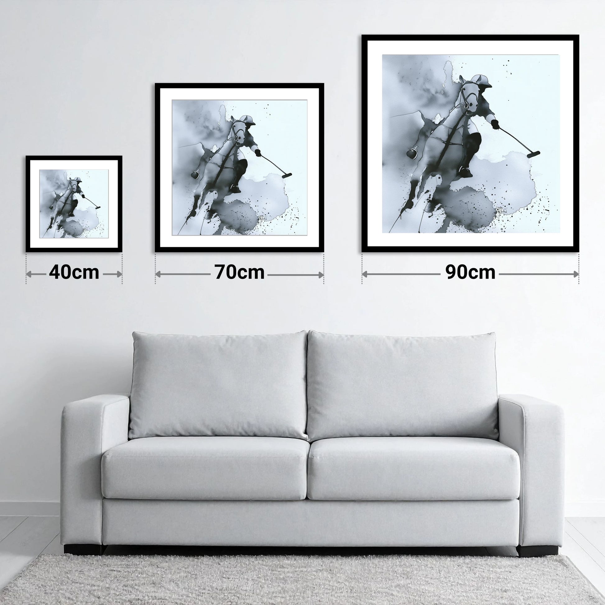 The Striker's Charge - size guide showing 40cm, 70cm and 90cm art prints
