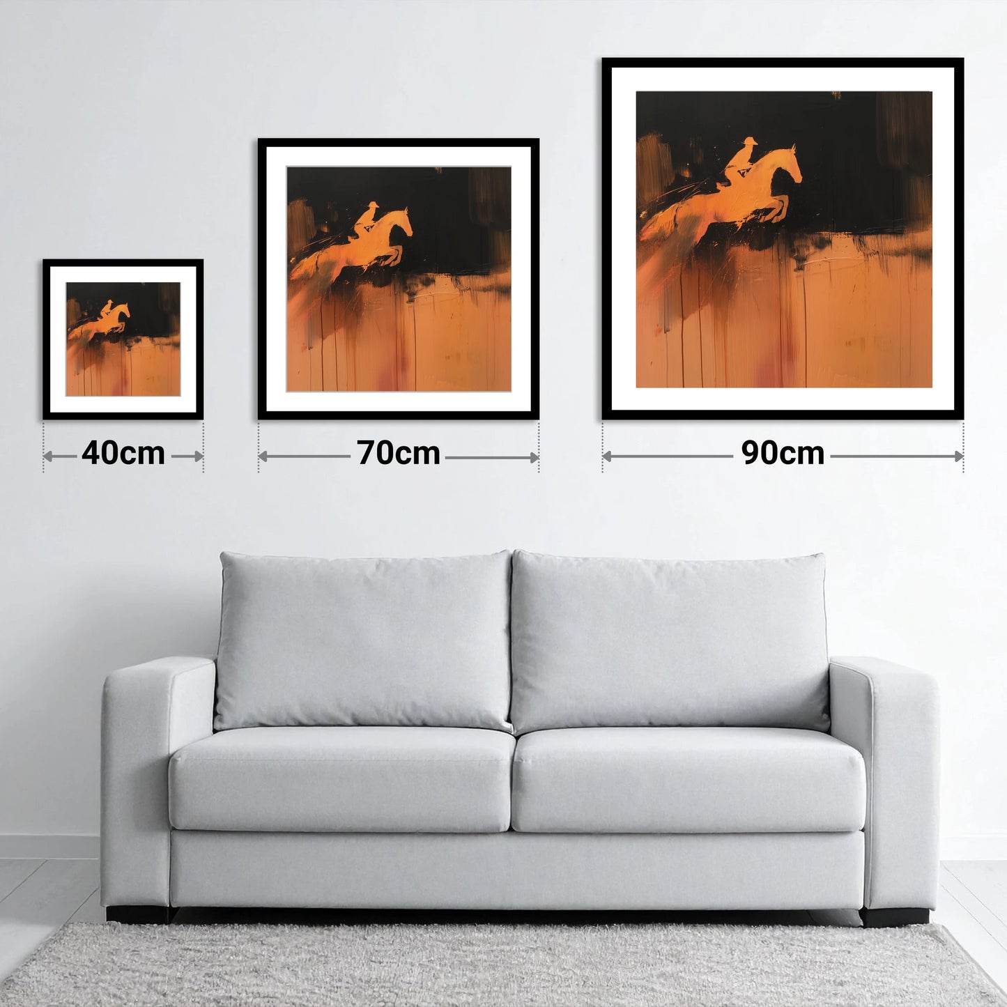 The Amber Leap - size guide showing 40cm, 70cm and 90cm art prints