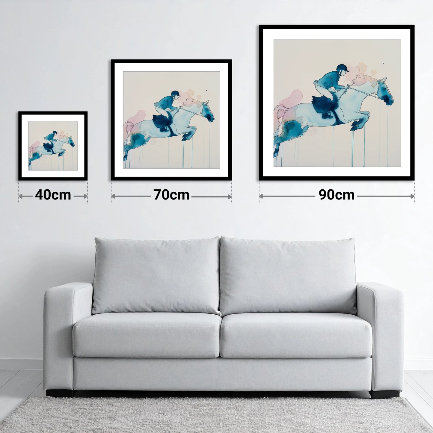 Cerulean Flight - size guide showing 40cm, 70cm and 90cm art prints