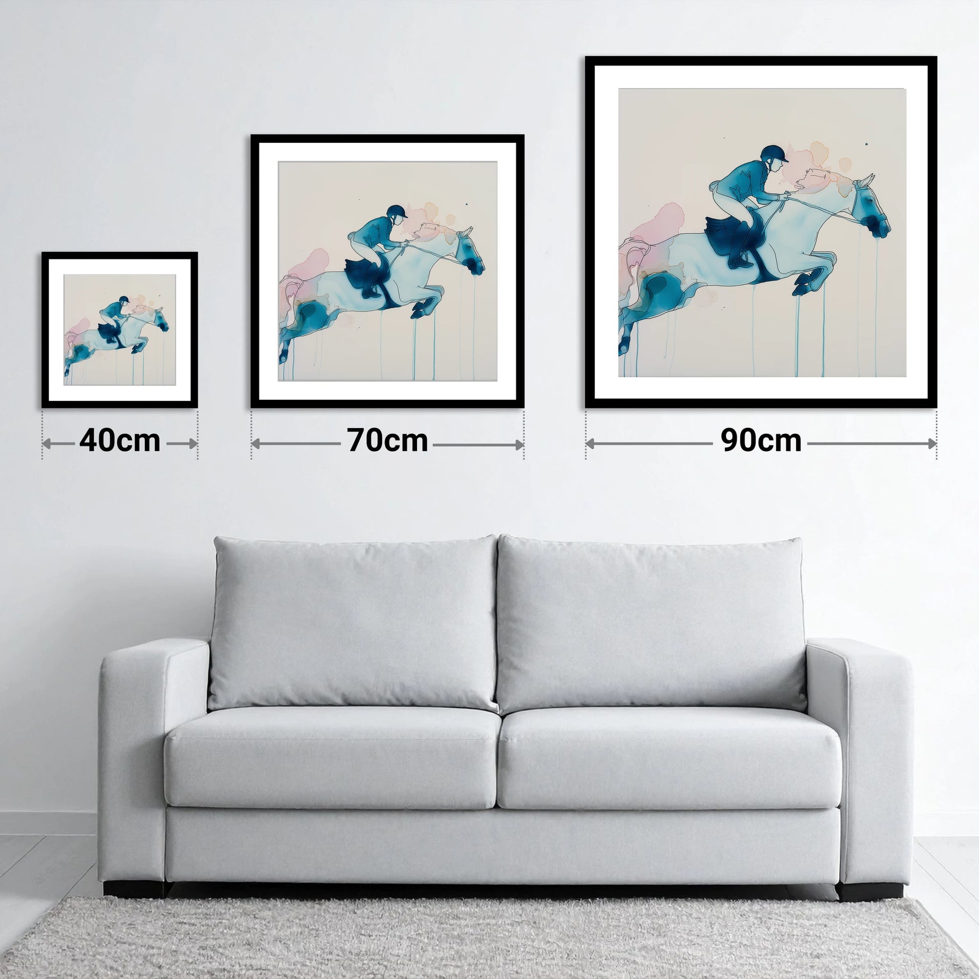 Cerulean Flight - size guide showing 40cm, 70cm and 90cm art prints