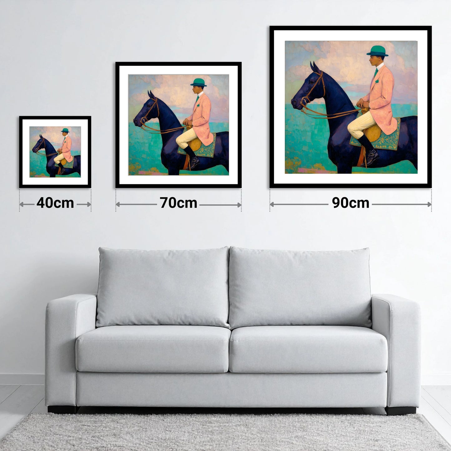 The Vivid Rider - size guide showing 40cm, 70cm and 90cm art prints
