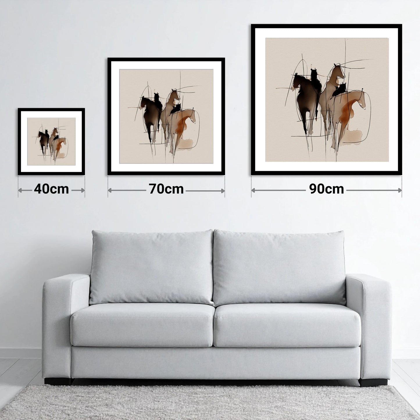 Dynamic Equine Trio - size guide showing 40cm, 70cm and 90cm art prints