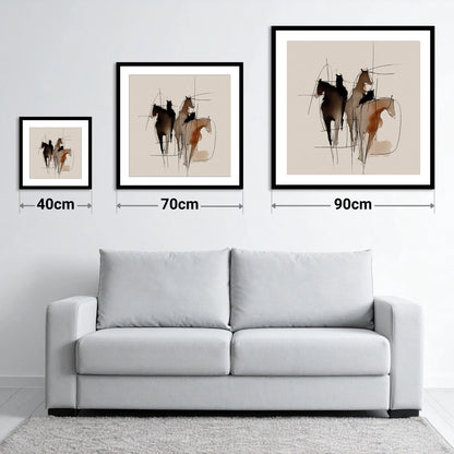 Dynamic Equine Trio - size guide showing 40cm, 70cm and 90cm art prints