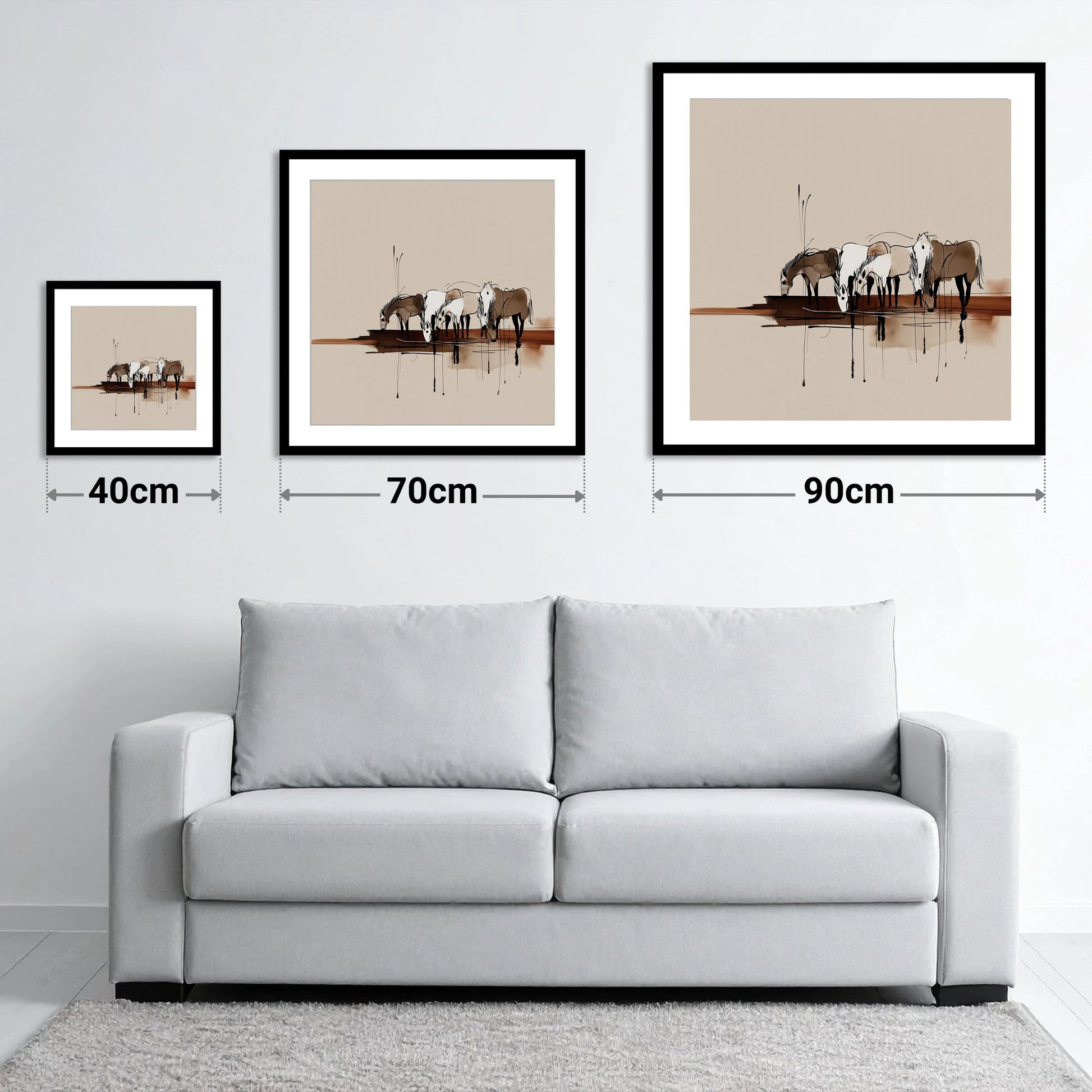 Gathering at the Water - size guide showing 40cm, 70cm and 90cm art prints
