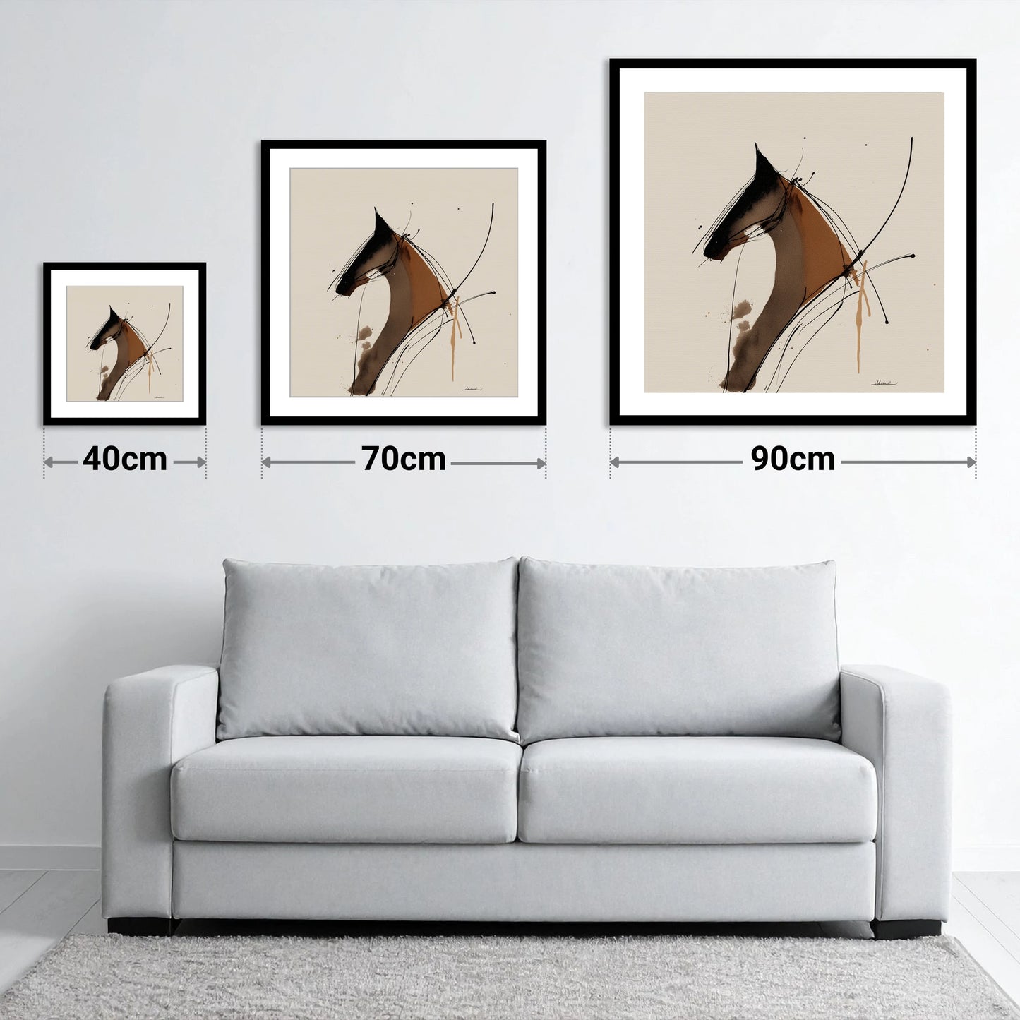 Abstract Equine Spirit - size guide showing 40cm, 70cm and 90cm art prints