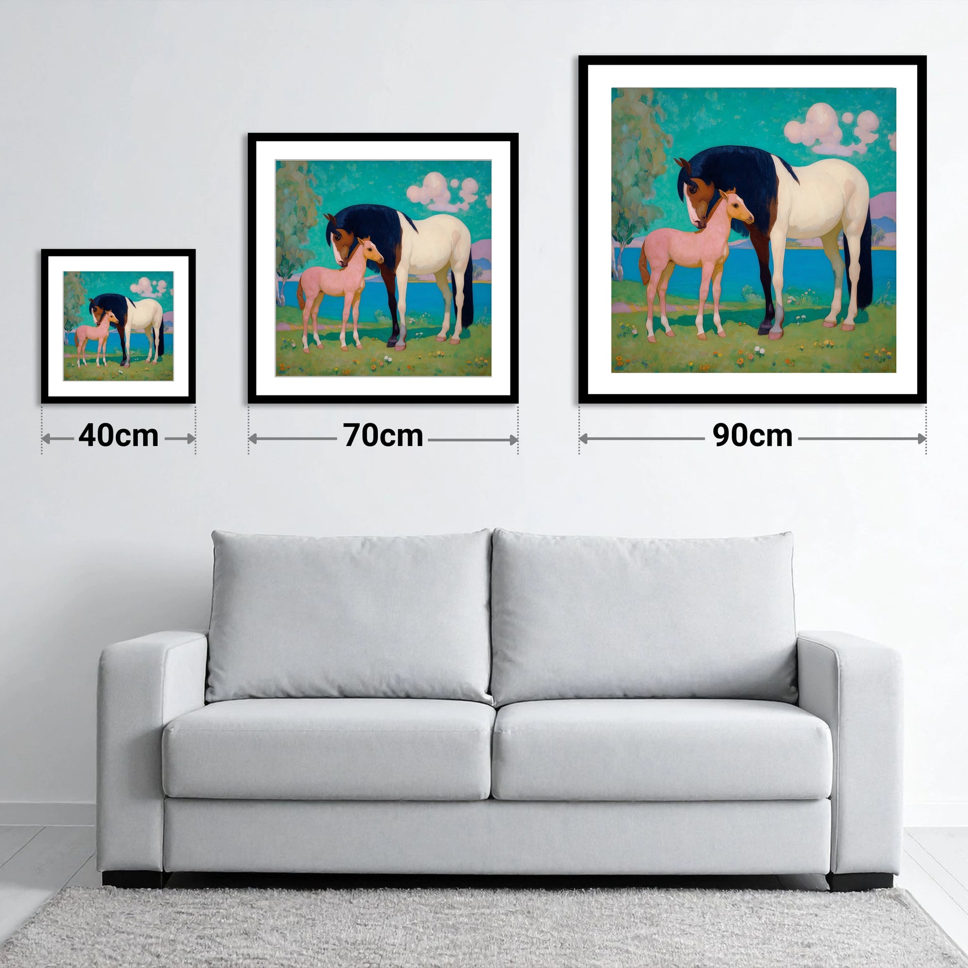 Dreamscape Mare and Foal - size guide showing 40cm, 70cm and 90cm art prints
