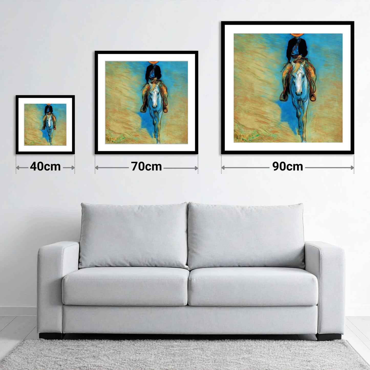 The Blue Trail Rider - size guide showing 40cm, 70cm and 90cm art prints