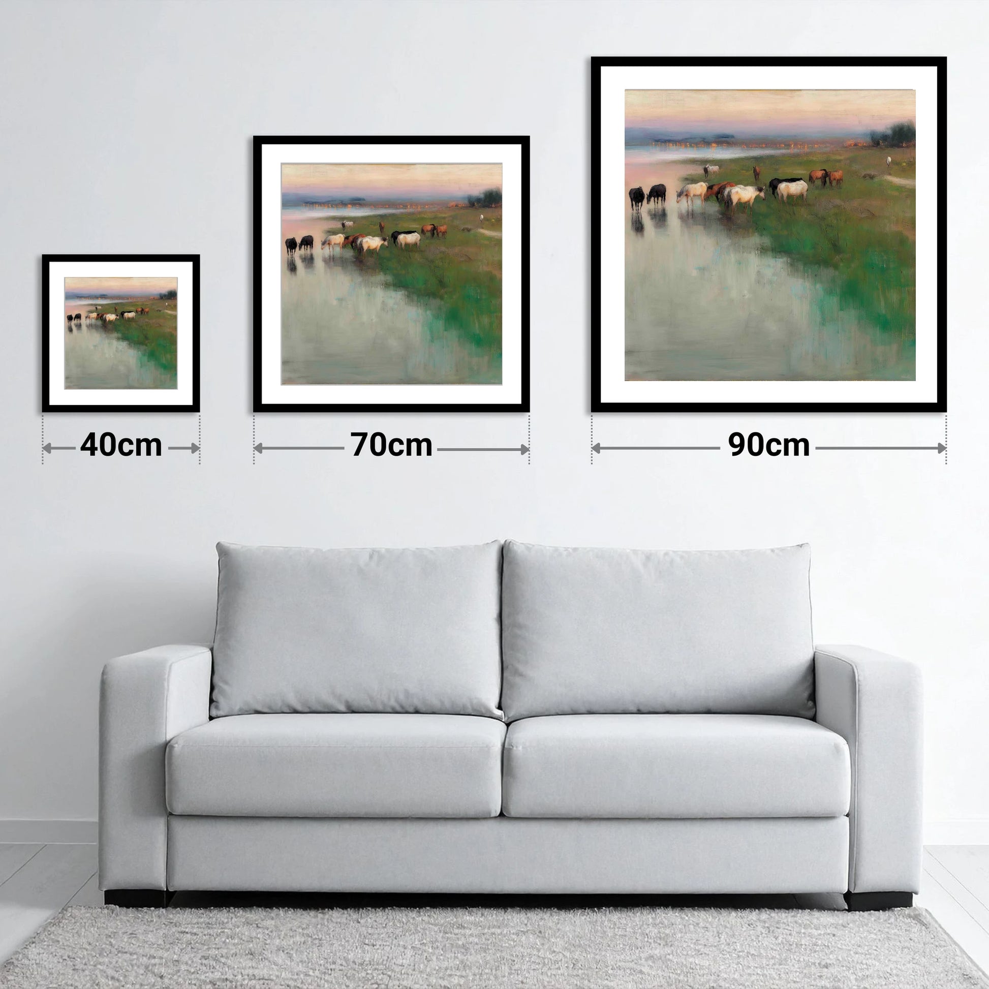 Misty Waterside Herd - size guide showing 40cm, 70cm and 90cm art prints