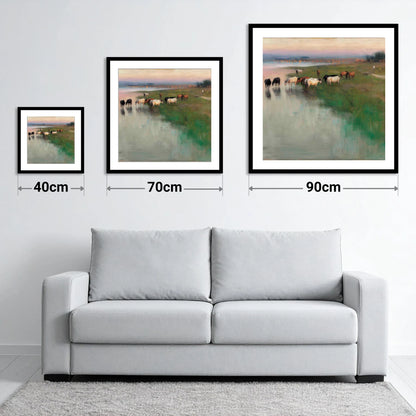 Misty Waterside Herd - size guide showing 40cm, 70cm and 90cm art prints