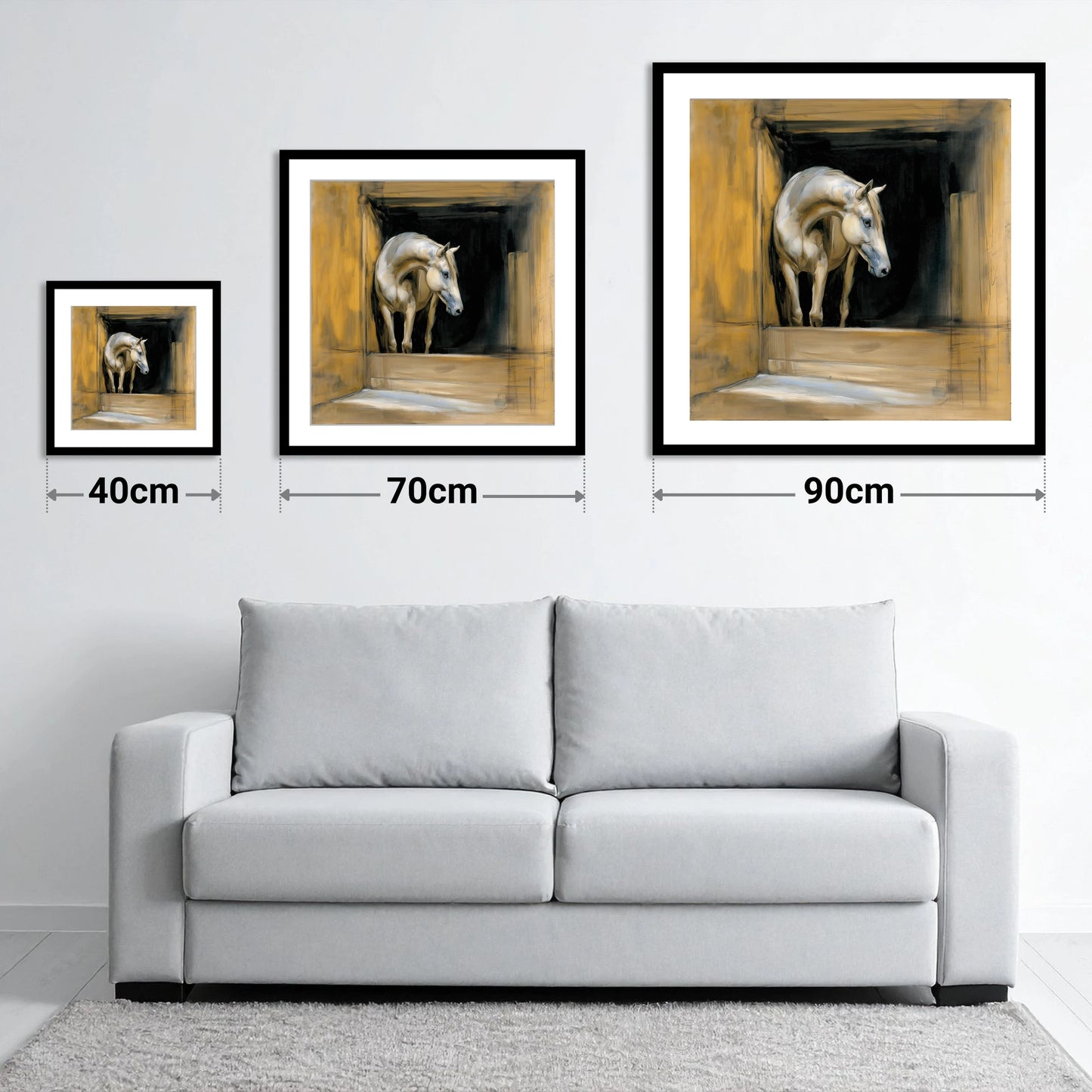 Quiet Anticipation - size guide showing 40cm, 70cm and 90cm art prints