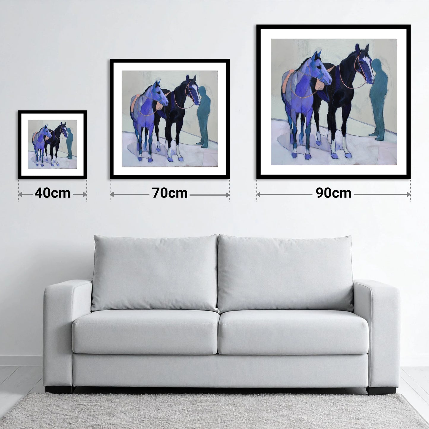Shadows of the Yard - size guide showing 40cm, 70cm and 90cm art prints