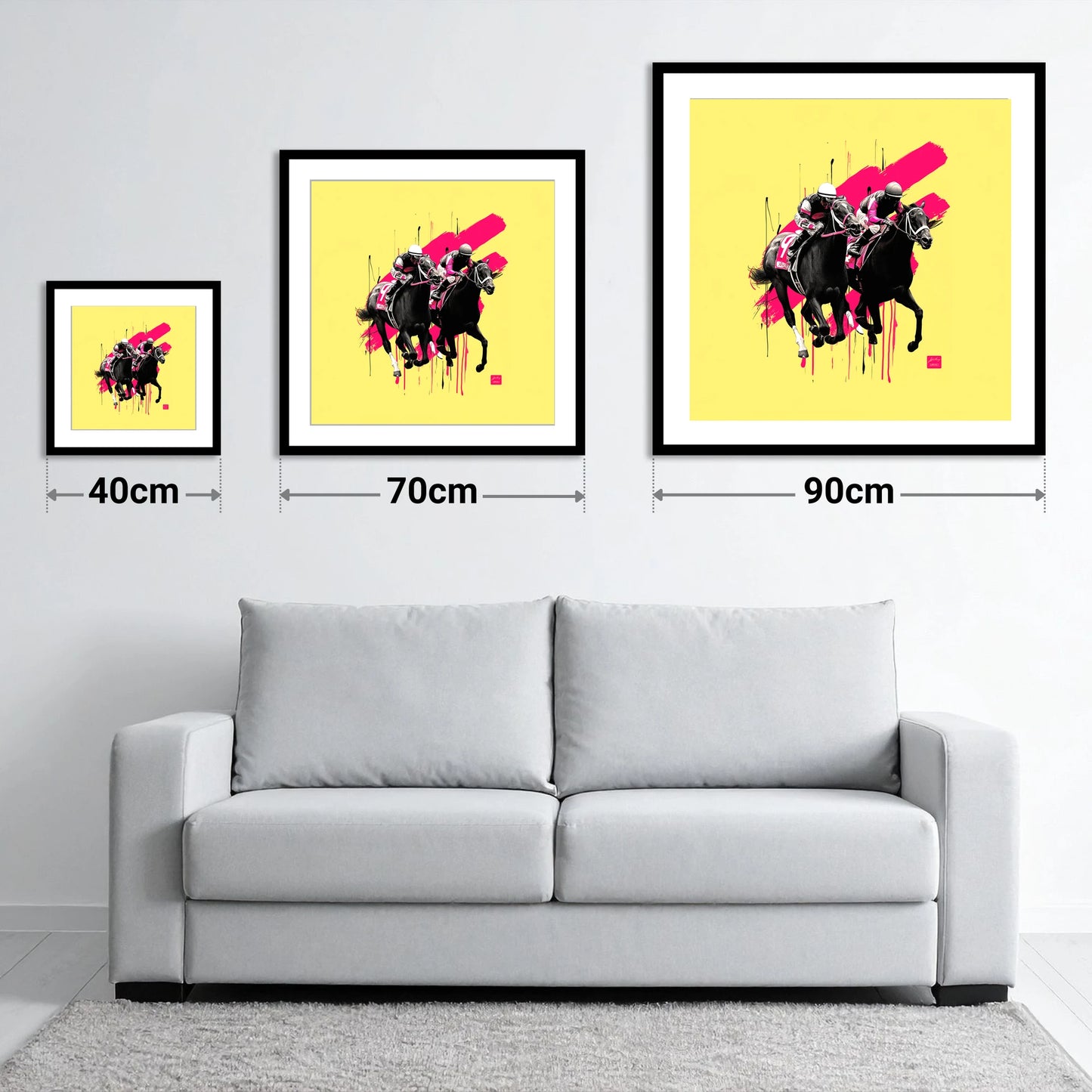 High Stakes Sprint - size guide showing 40cm, 70cm and 90cm art prints