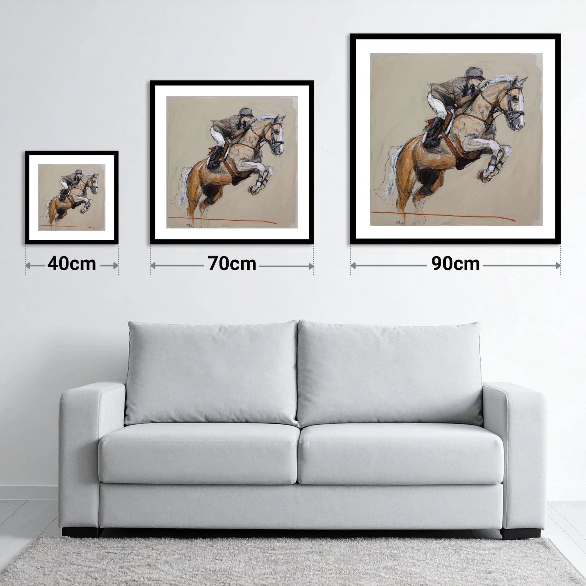 Moment of Flight - size guide showing 40cm, 70cm and 90cm art prints
