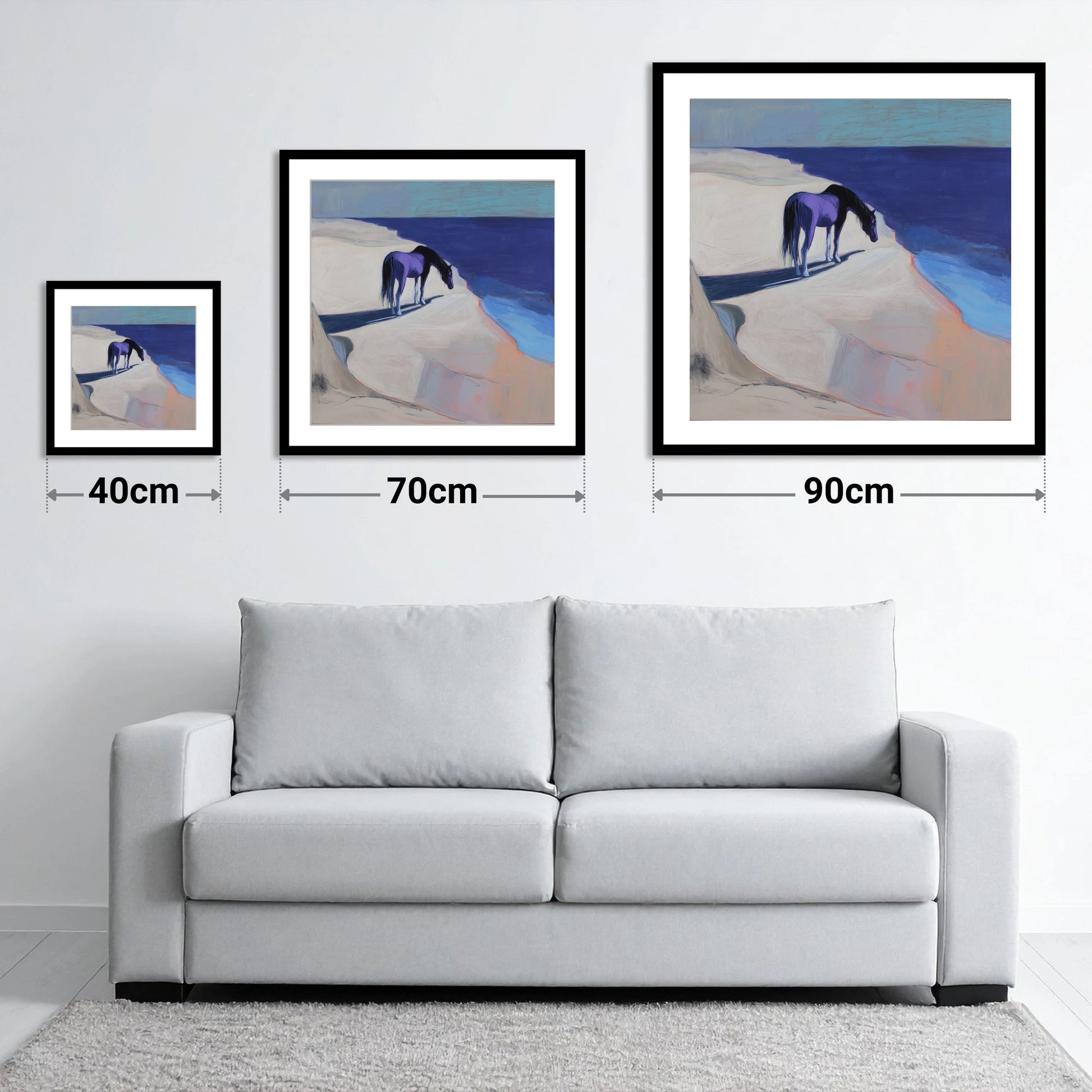 Indigo Coastal Solitude - size guide showing 40cm, 70cm and 90cm art prints