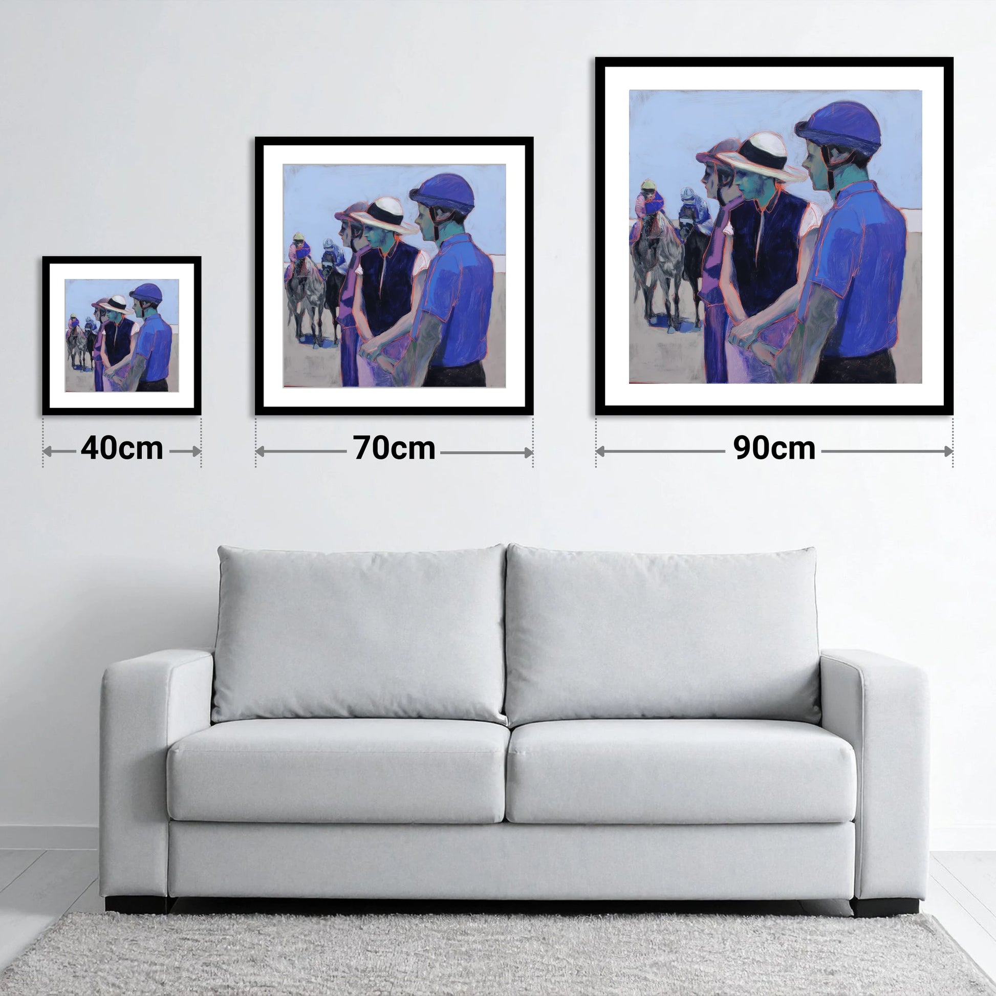 The Paddock Watch - size guide showing 40cm, 70cm and 90cm art prints