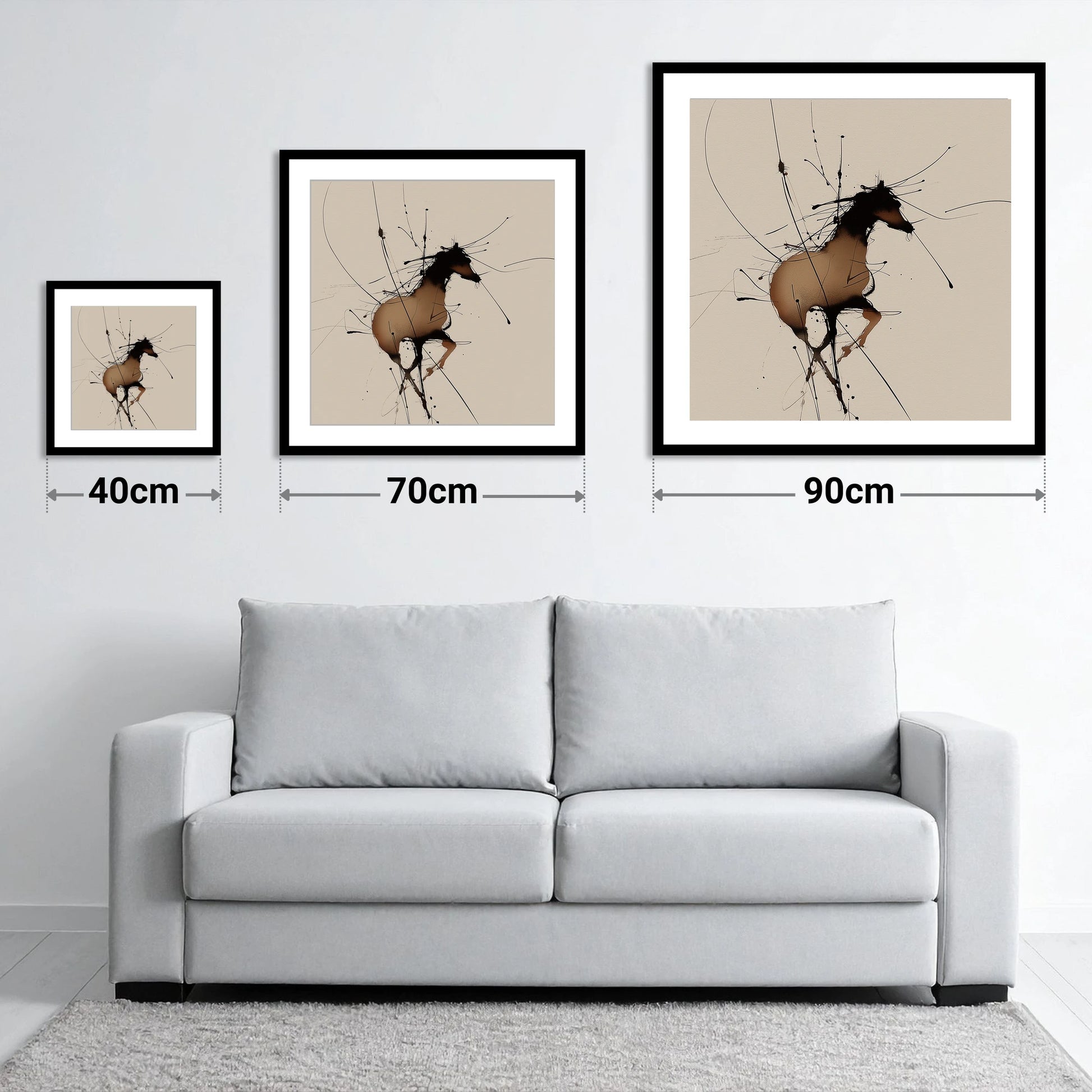 Kinetic Equine Spirit - size guide showing 40cm, 70cm and 90cm art prints