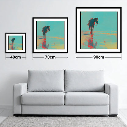 Neon Tide Reflection - size guide showing 40cm, 70cm and 90cm art prints