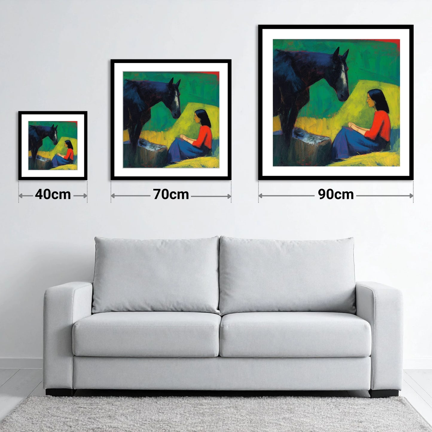 Quiet Communion - size guide showing 40cm, 70cm and 90cm art prints