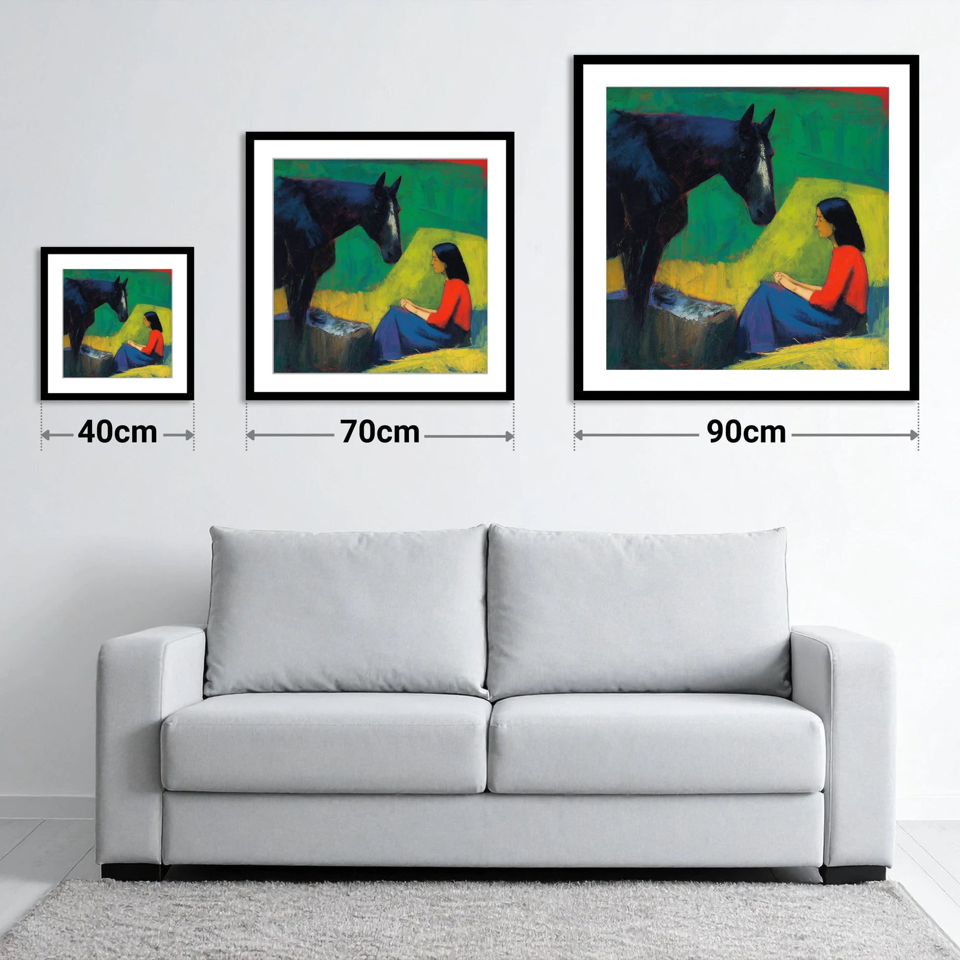 Quiet Communion - size guide showing 40cm, 70cm and 90cm art prints