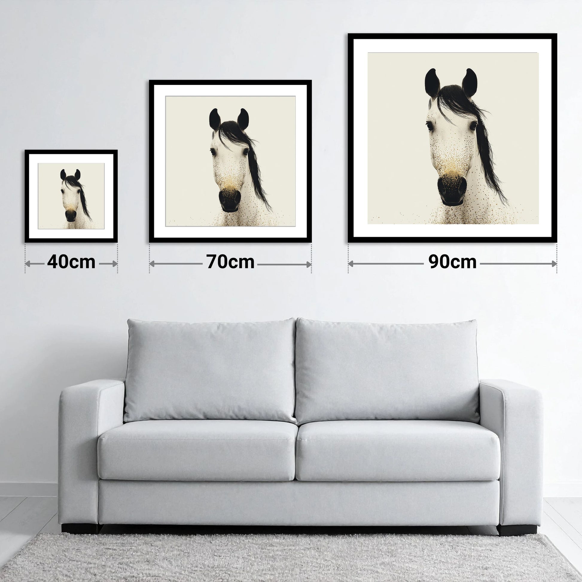 Gilded Equine Gaze - size guide showing 40cm, 70cm and 90cm art prints