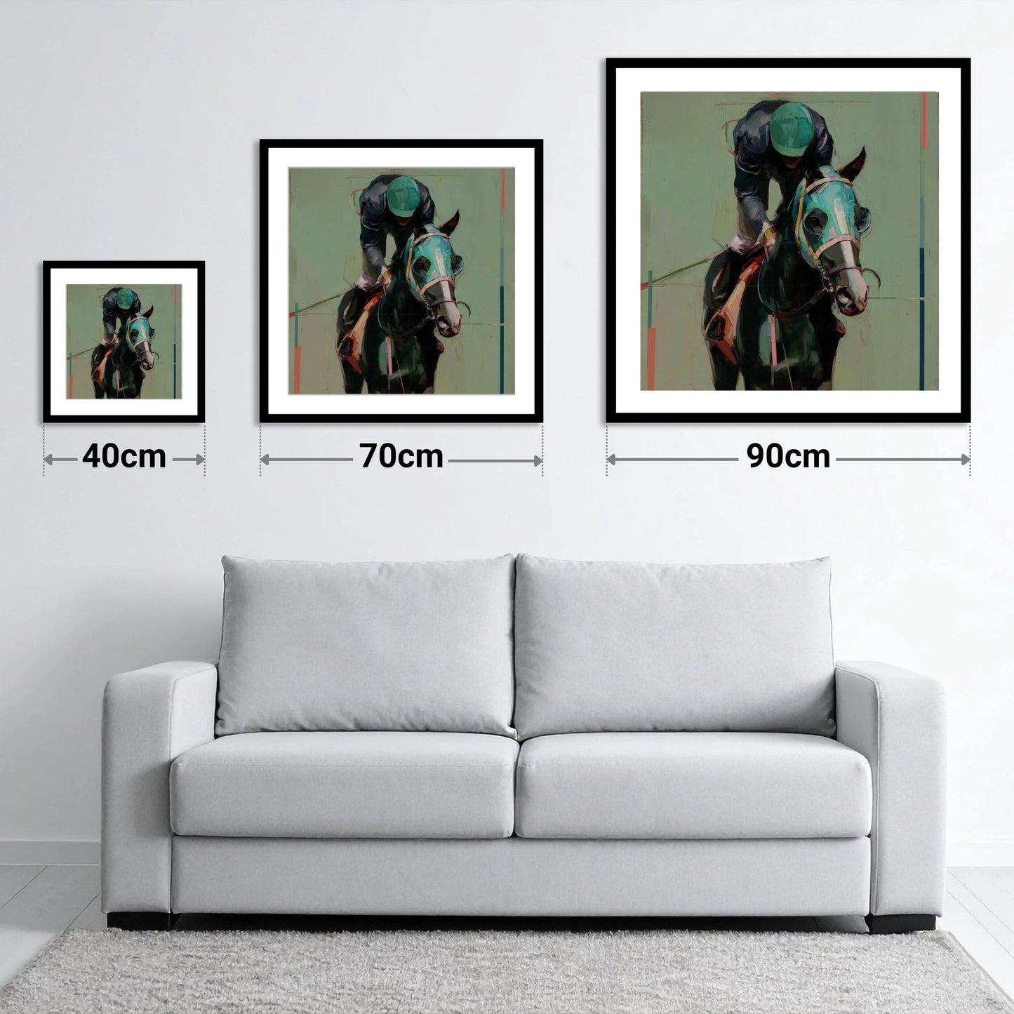 Blinkered Focus - size guide showing 40cm, 70cm and 90cm art prints