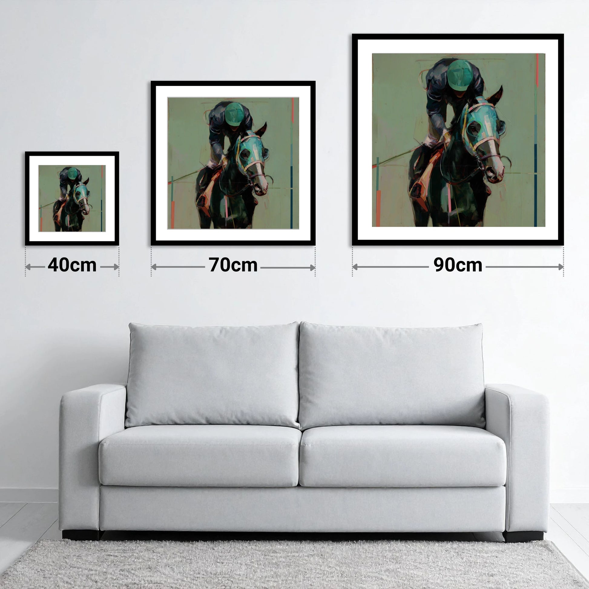 Blinkered Focus - size guide showing 40cm, 70cm and 90cm art prints