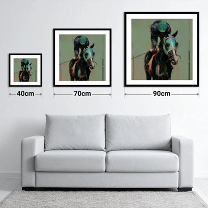 Blinkered Focus - size guide showing 40cm, 70cm and 90cm art prints