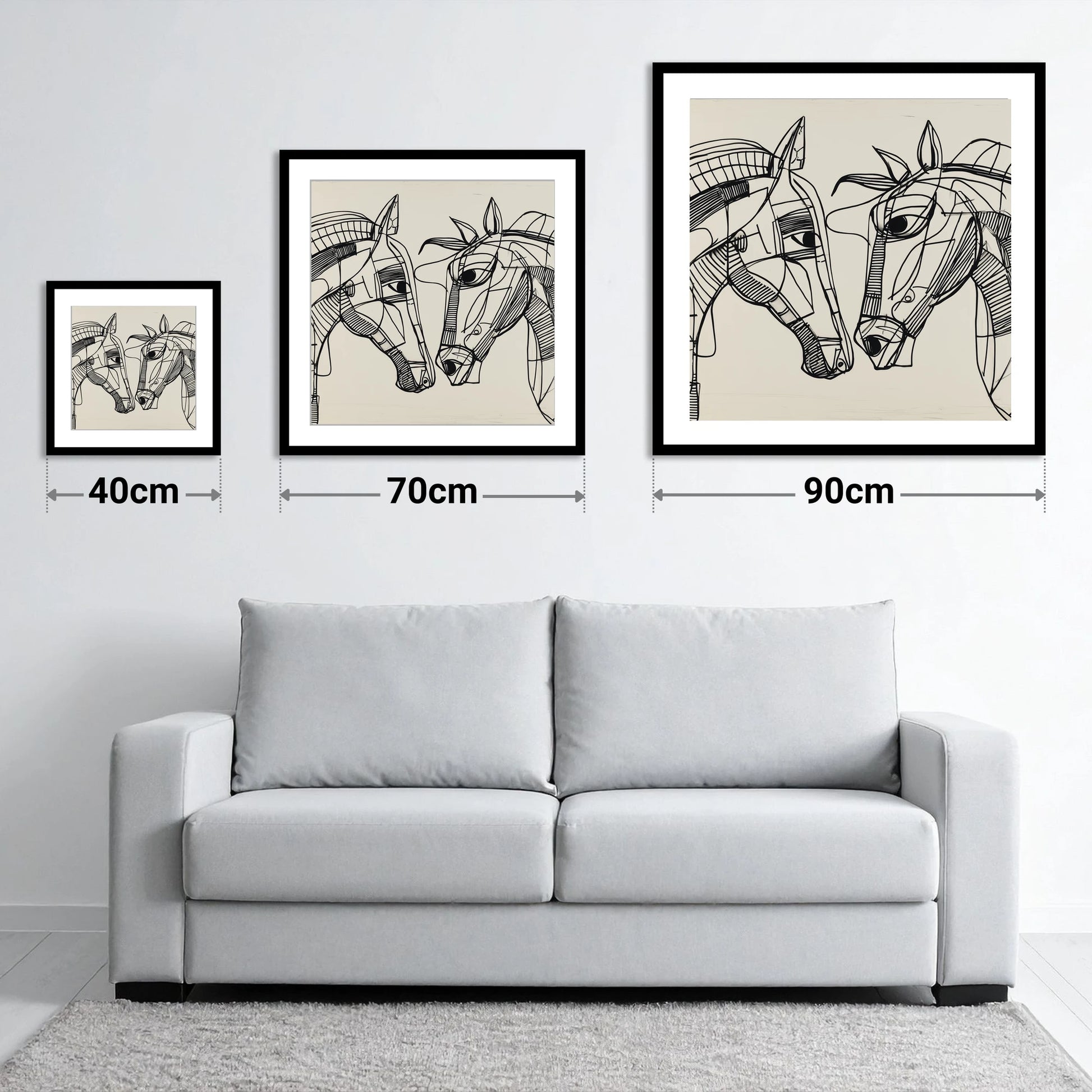 Linear Equine Connection - size guide showing 40cm, 70cm and 90cm art prints