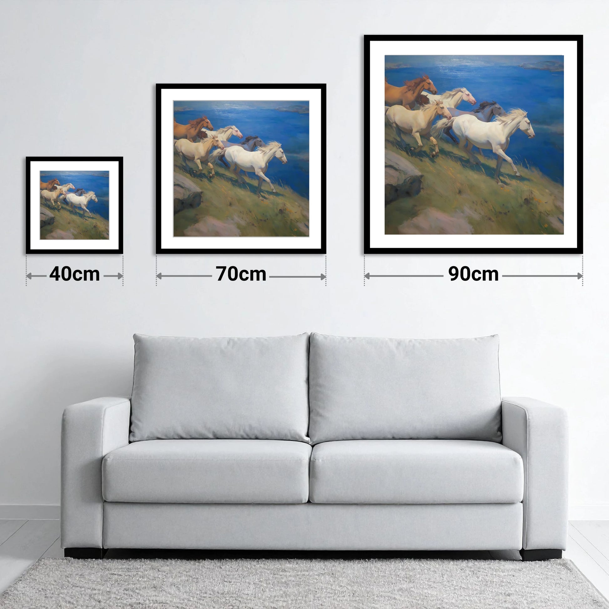 Azure Coastal Gallop - size guide showing 40cm, 70cm and 90cm art prints
