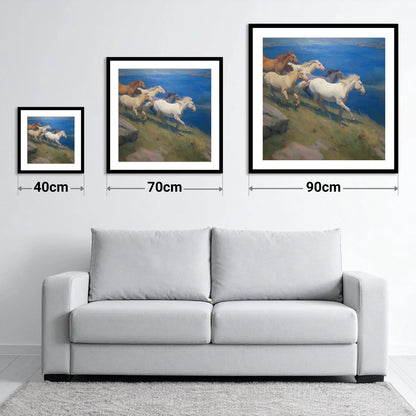 Azure Coastal Gallop - size guide showing 40cm, 70cm and 90cm art prints