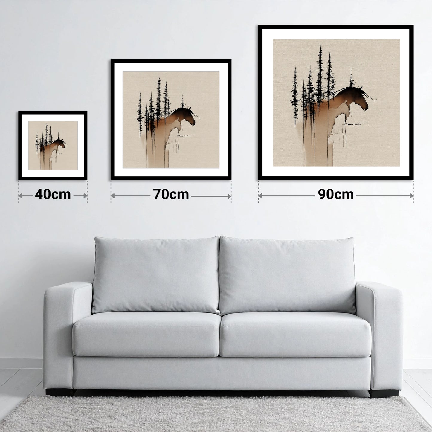 Timberline Silhouette - size guide showing 40cm, 70cm and 90cm art prints