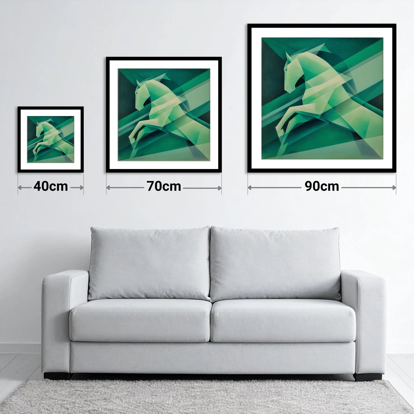 Emerald Geometric Leap - size guide showing 40cm, 70cm and 90cm art prints