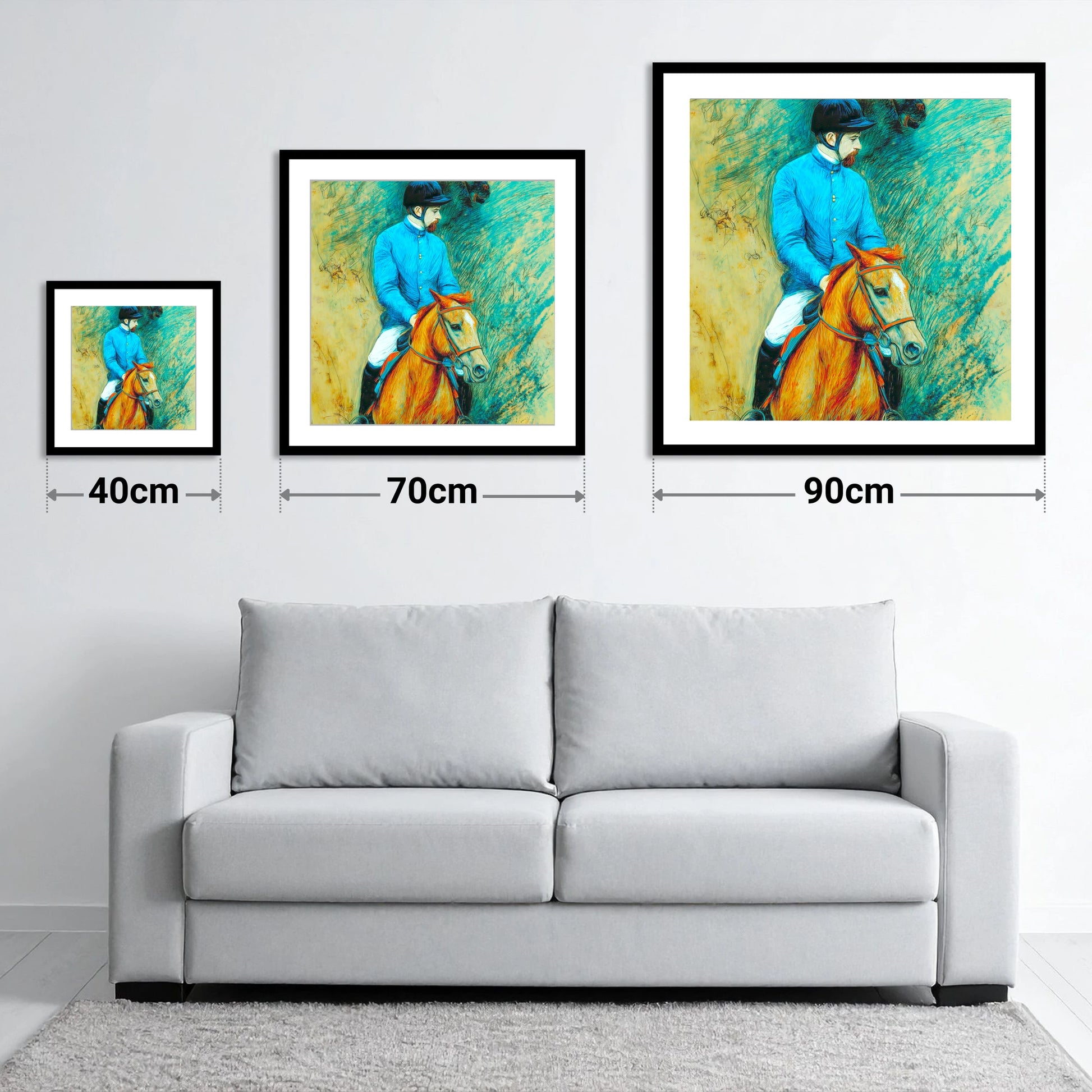 The Cerulean Jockey - size guide showing 40cm, 70cm and 90cm art prints